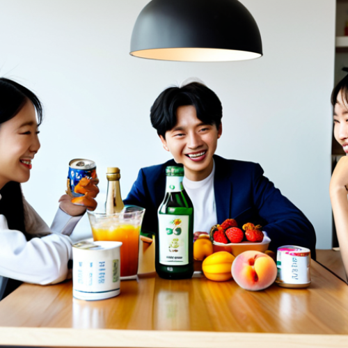 Home 4 A diverse group of young adults, fully clothed in modern, modest attire, are gathered around a sleek, minimalist table in a brightly lit, contemporary cafe. On the table, various bottles and cans of Korean traditional beverages (like Soju and Makgeolli) are displayed prominently, featuring vibrant fruit illustrations (grapes, peaches, strawberries, yuzu) on their modern, aesthetically pleasing labels. The subjects are casually interacting, laughing, and holding the beverages, showing genuine enjoyment. The background is softly blurred to keep focus on the group and products. safe for work, appropriate content, fully clothed, modest clothing, family-friendly, perfect anatomy, correct proportions, natural pose, well-formed hands, proper finger count, natural body proportions, high quality photography.